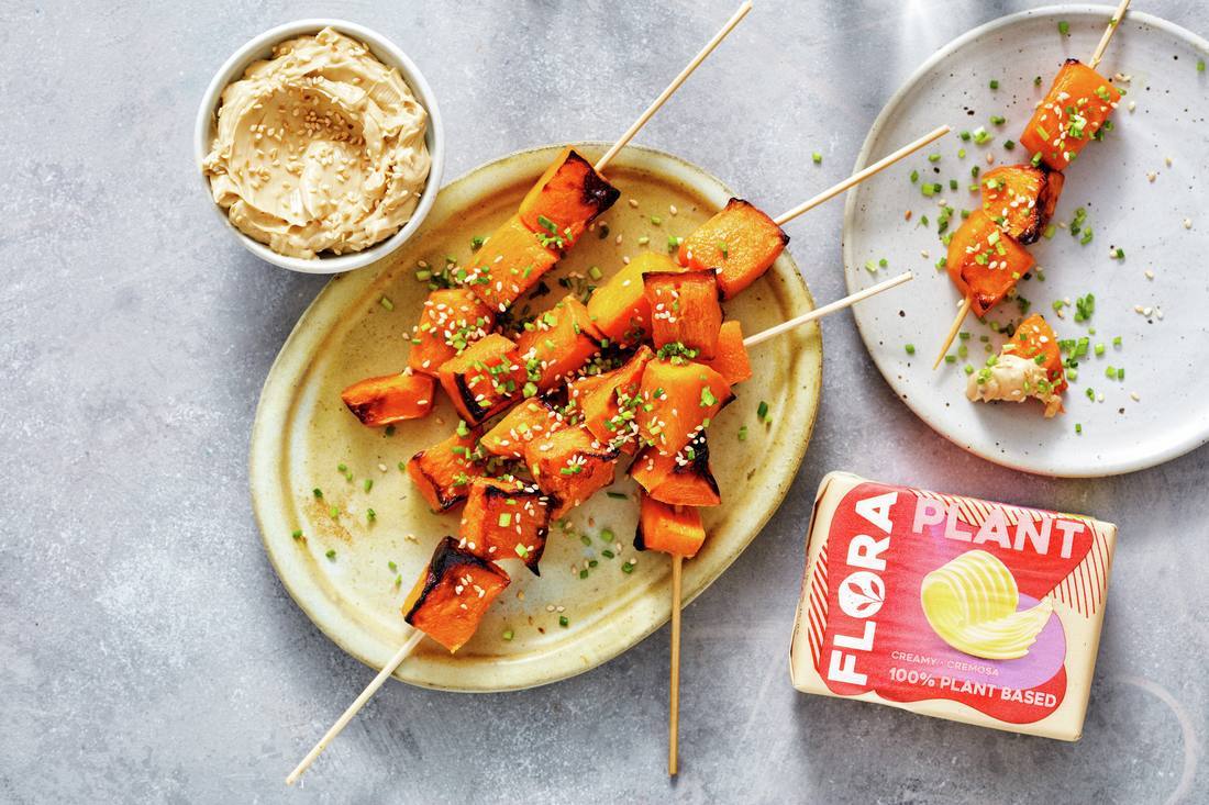recipe image Kürbisspieße mit Flora-Sesam-Soja-Dip