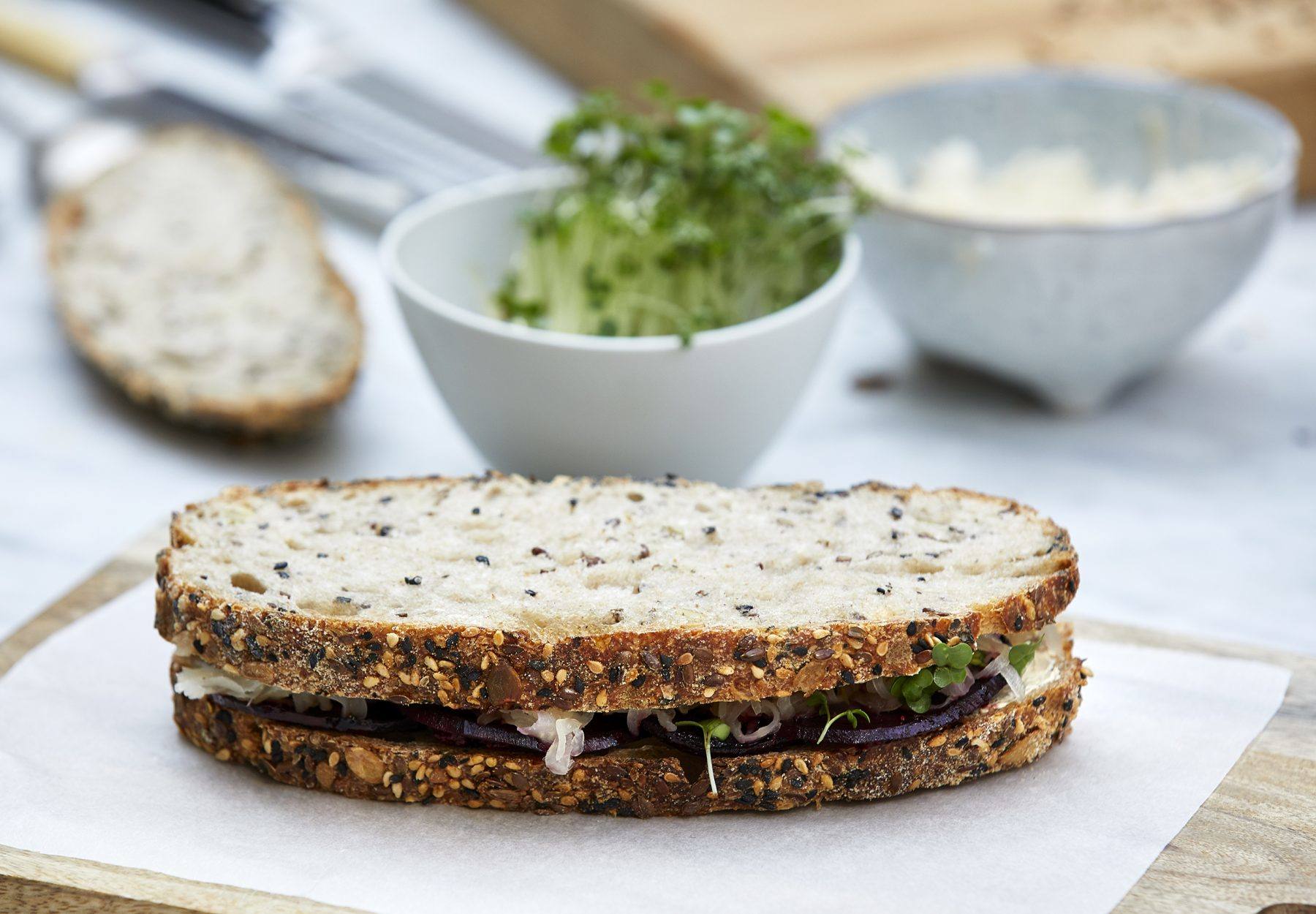 recipe image Maple & Mustard Roasted Beetroot and Sauerkraut Sandwich