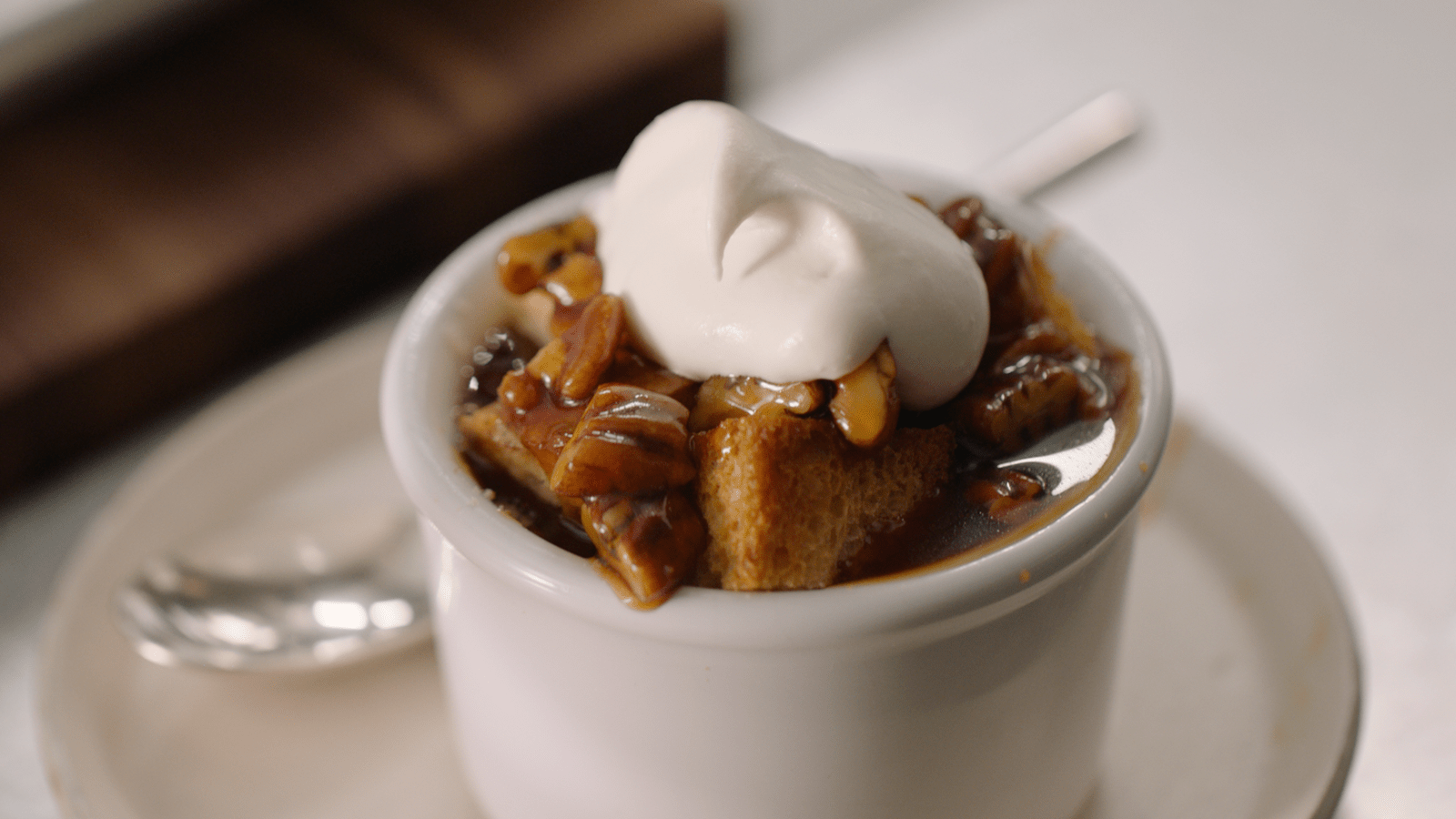 recipe image Maple & Pecan Bread Custard with Sea Salt & Caramel