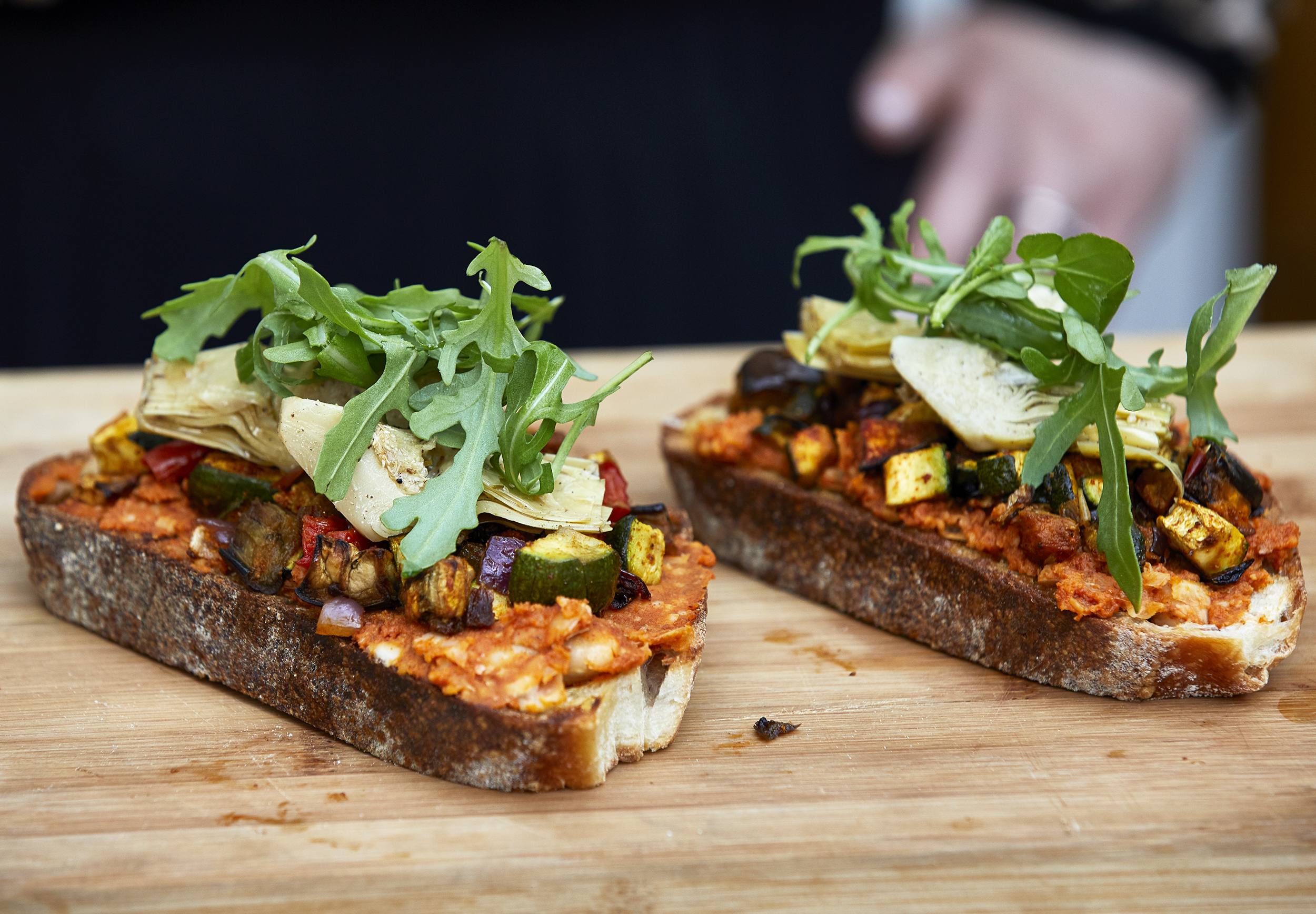 recipe image Roasted Veg and Artichoke Open Sandwich with Sun dried Tomato and Butterbean Smash