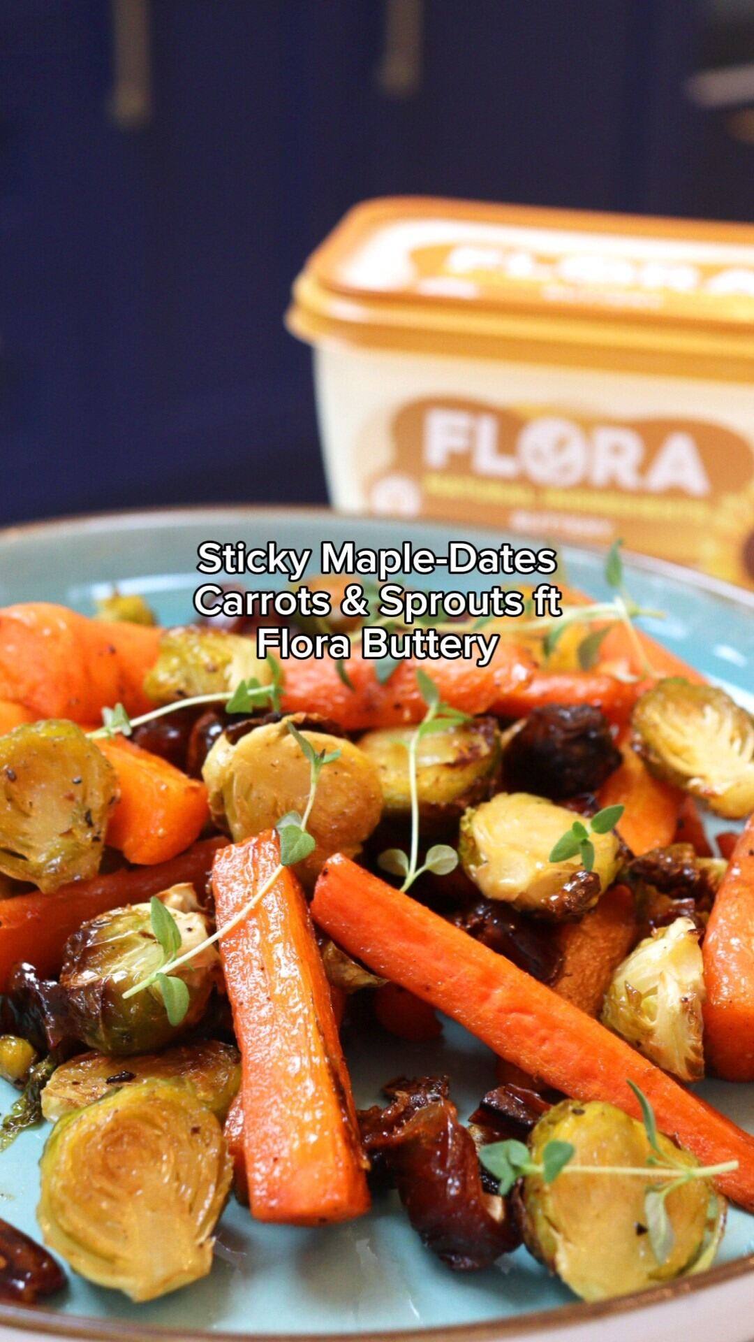 recipe image Sticky Maple Dates, Carrots & Sprouts ft Flora Buttery