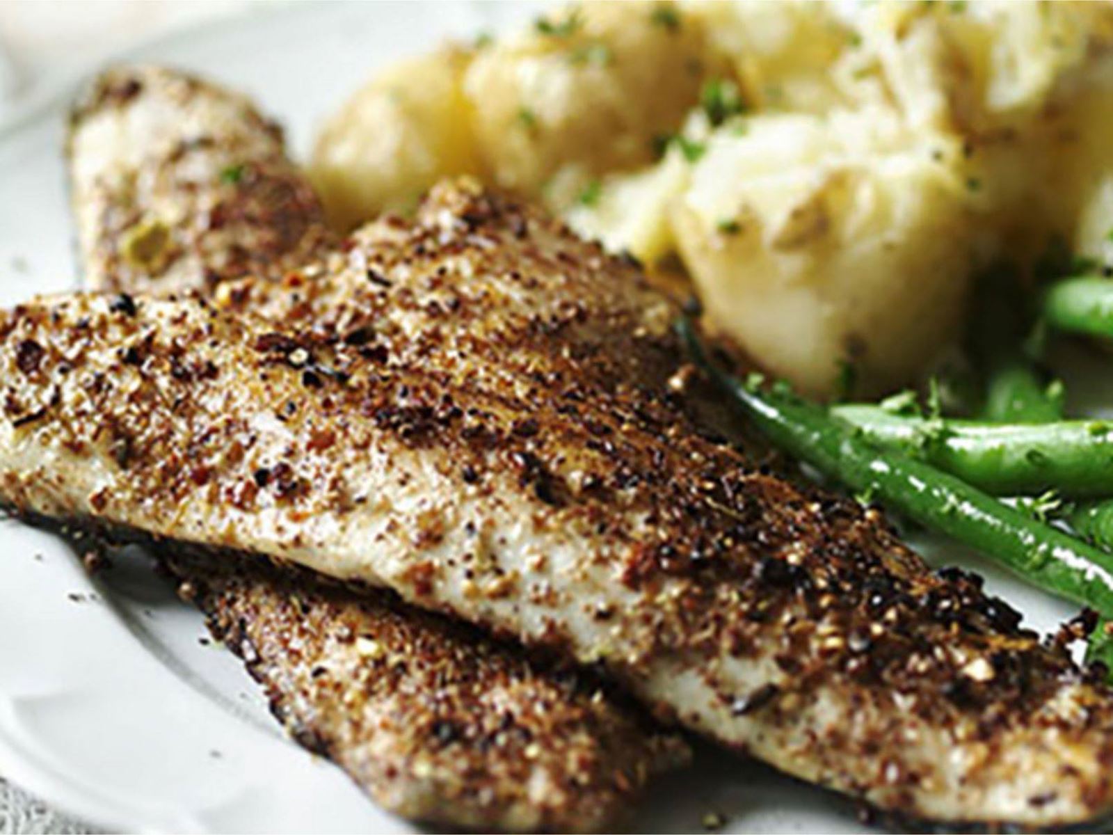 recipe image Pan-Fried Sea Bass Fillet with Crushed New Potatoes & Green Beans