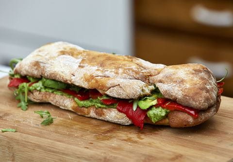recipe image Pea, Basil and Pine Nut Pesto Ciabatta with Roasted Red Pepper, Avocado and Rocket