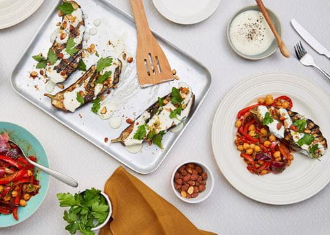 recipe image Charred Aubergine with Red Pepper Chickpea salad