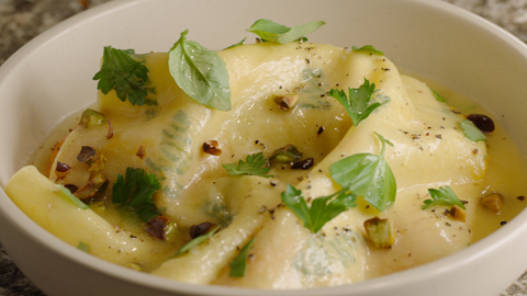 recipe image Herbed Sheet Pasta & Plant Butter Sauce with Pistachio, Sweet Potato & Basil