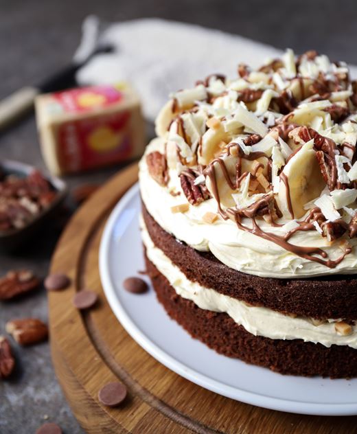 recipe image Chocolade-crèmetaart met banaan, karamel en pecannoten van EEFSFOOD